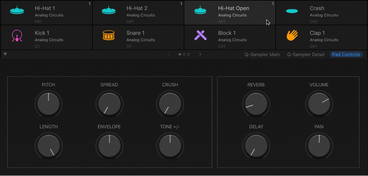 Ilustración. Drum Machine Designer con un pad seleccionado, donde se muestran los parámetros de “Smart Controls” para piezas del kit.