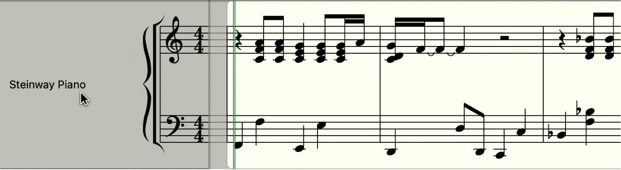 Ilustración. Nombre de instrumento y todos los pasajes de la pista de instrumentos seleccionada en el editor de partituras.