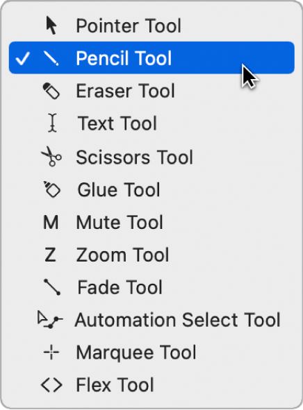Figure. Menu Outil de l’éditeur de partition défilante, avec l’outil Crayon sélectionné.