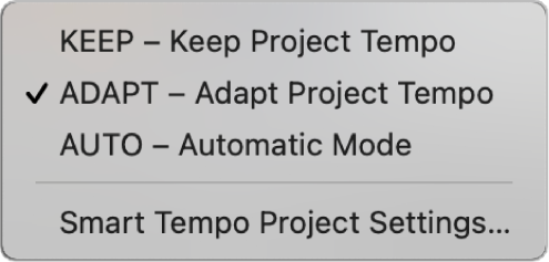 Figure. Menu de l’écran Tempo affichant trois modes Smart Tempo.