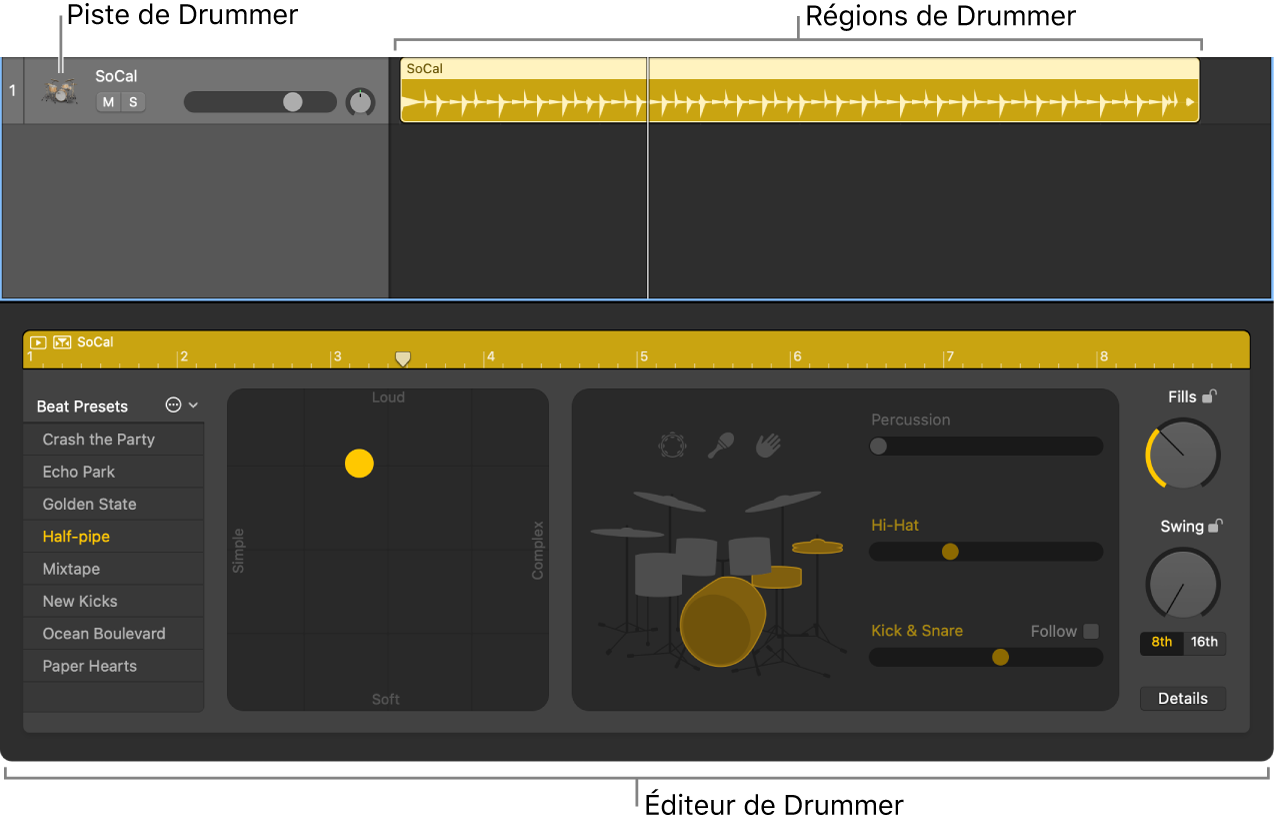 Figure. Illustration d’une piste Drummer, contenant des régions Drummer, et de l’éditeur de drummer.