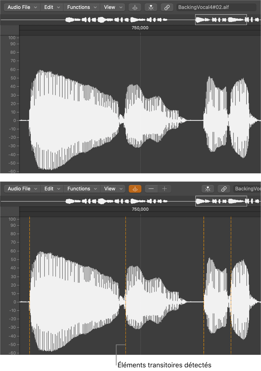 Figure. Région audio dans l’éditeur d’échantillons, avec éléments transitoires et sans éléments transitoires.