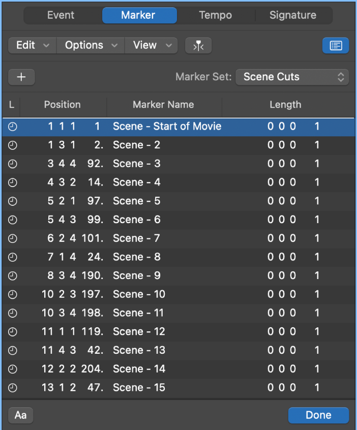 図。ムービー・シーン・マーカーが表示されているマーカーリスト。