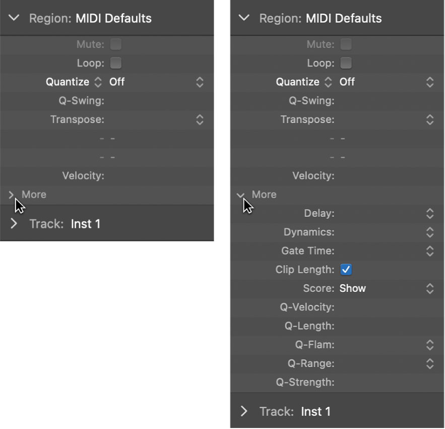図。リージョンインスペクタのオーディオおよびMIDIリージョン用クオンタイズパラメータを表す2枚の画像。