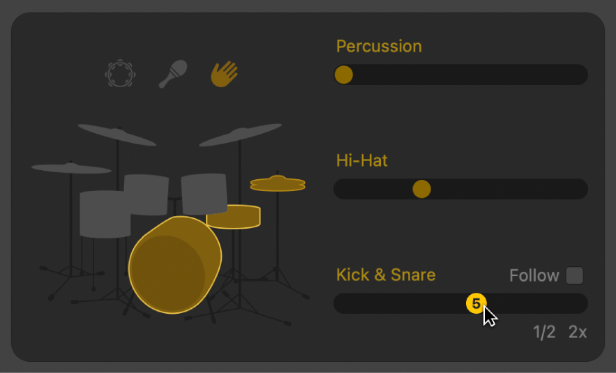 図。Drummerエディタの「キックとスネア」スライダをドラッグする。