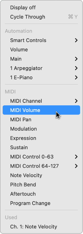 図。「オートメーション/MIDIパラメータ」ポップアップメニューで選択されたMIDIデータ。