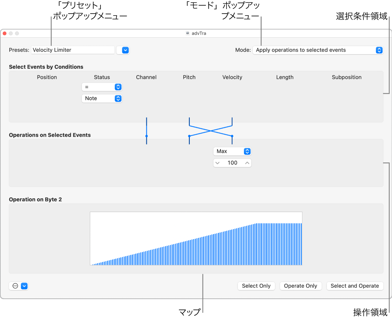 図。「トランスフォーム」ウインドウの主なパラメータ。