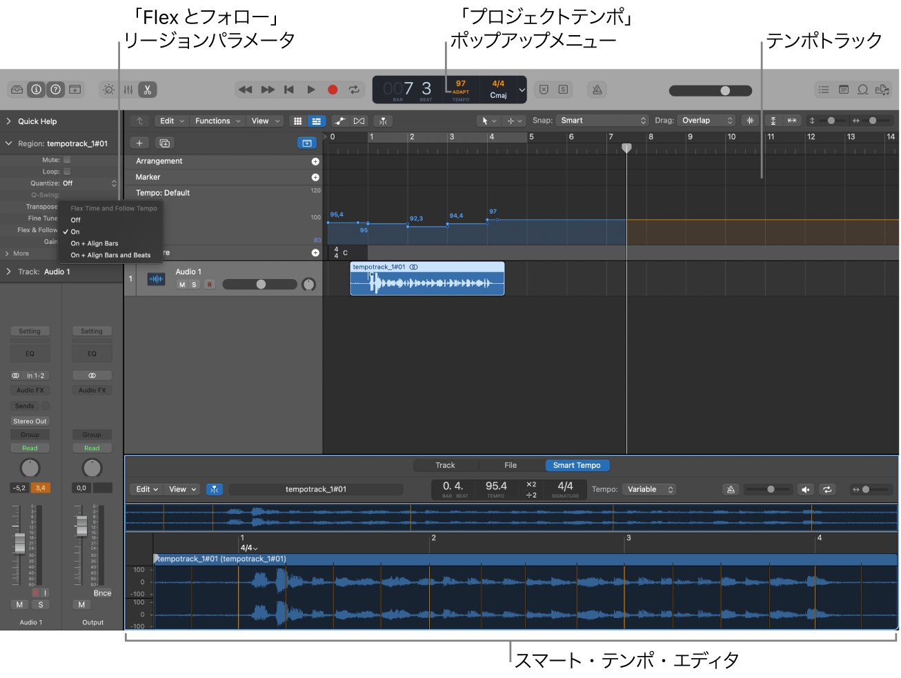 図。録音が表示され、Adaptモードが選択されたプロジェクト。テンポトラックにテンポチェンジが表示され、スマート・テンポ・エディタが開かれている。