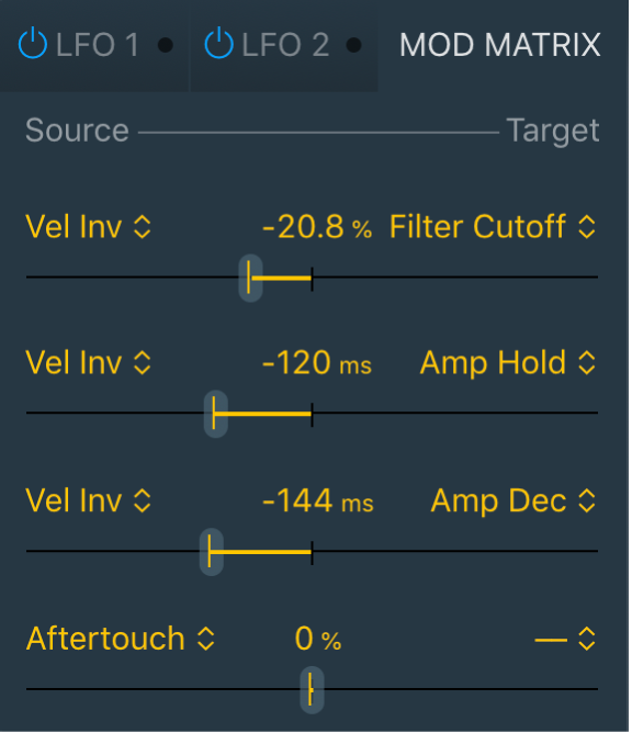 図。Quick Samplerの「Mod Matrix」パネル。4つのモジュレーションルーティングが表示されています。