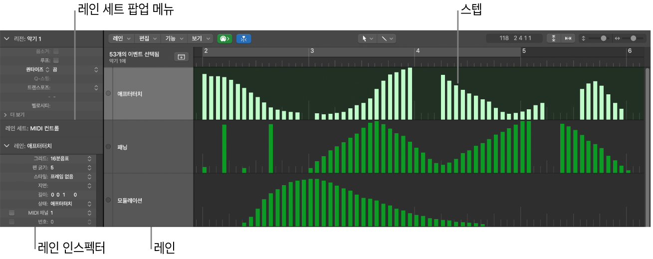 그림. 주요 요소를 표시하는 스텝 편집기 윈도우.