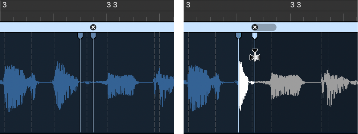 그림. Flex 마커를 왼쪽으로 이동하고 이전 Flex 마커와 겹치기 전과 후의 리전을 표시하는 두 개의 오디오 리전