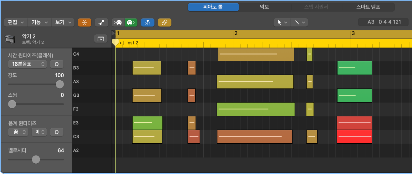 그림. 피아노 롤 편집기, 모드 접기 버튼을 가리킴