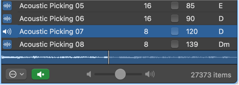 图。乐段浏览器中的“音量”滑块和“播放方式”弹出式菜单。