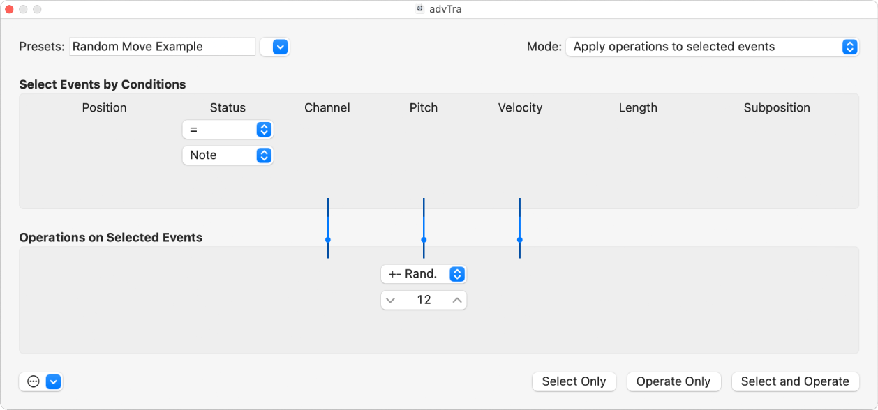 图。显示随机更改 MIDI 音符事件的音高的设置的变换窗口。