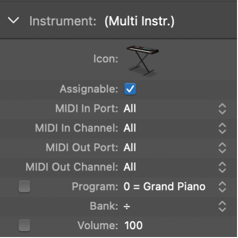 图。显示“音色”参数和复选框的标准乐器对象检查器。