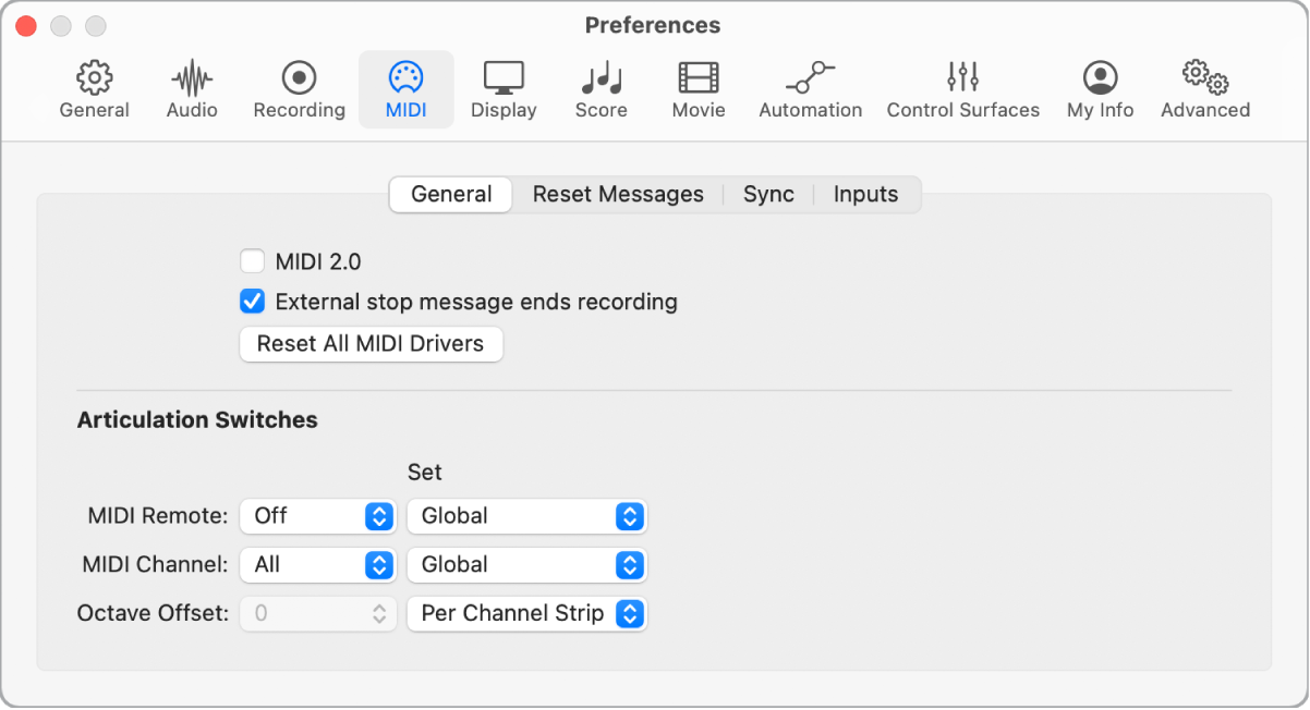 图。通用“MIDI”偏好设置。