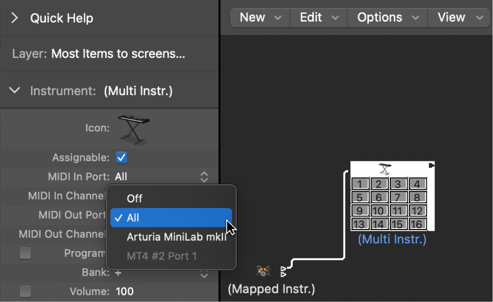 图。对象检查器中显示 MIDI 输出选项的“端口”弹出式菜单。