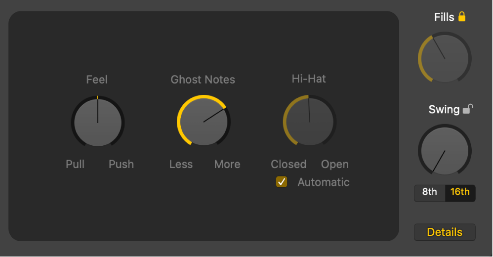 图。鼓手编辑器中的“感觉”旋钮、“幽灵音符”旋钮和“踩镲”旋钮。
