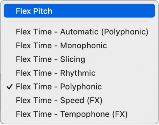 图。“Flex 模式”弹出式菜单，其中 Flex Pitch 模式已选中。