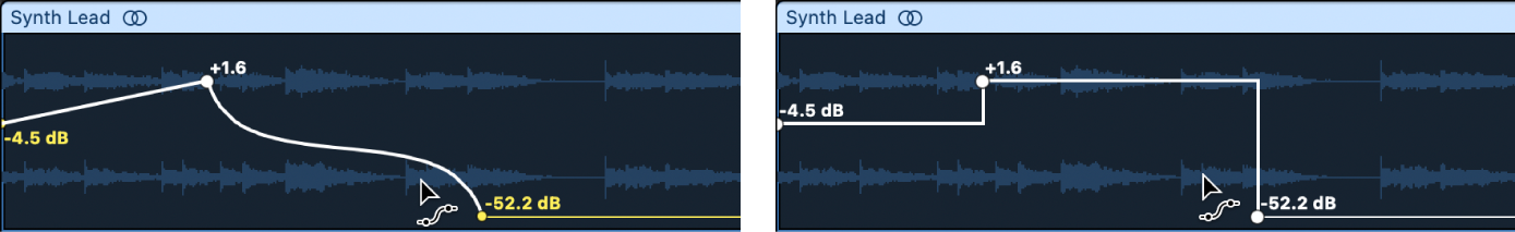 使用自动化曲线工具,按住 Option 键点按自动化曲线以将连续曲线更改为瞬时曲线。