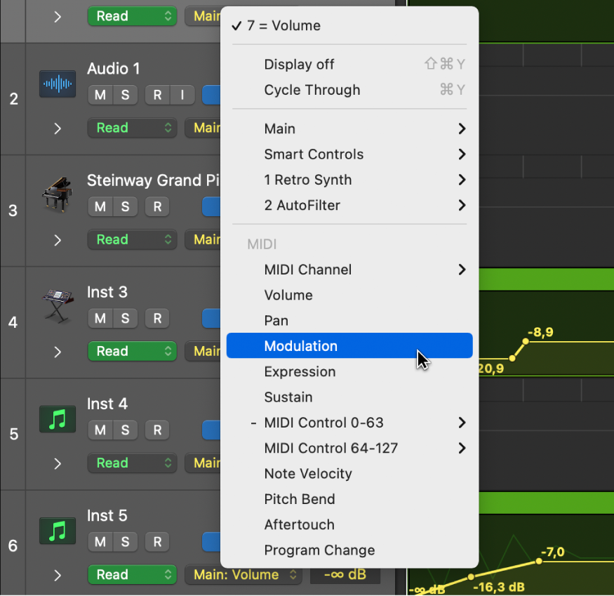 图。为片段自动化选择 MIDI 控制参数。