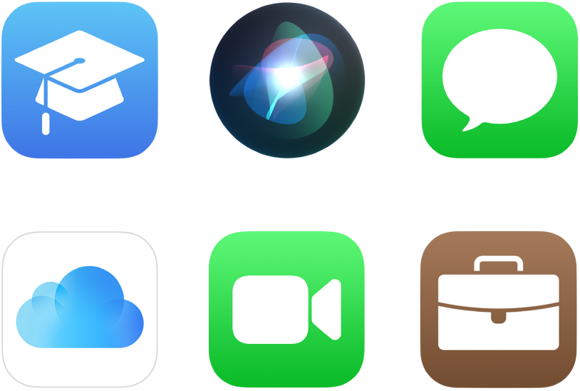 Icons for six Apple services: Apple School Manager, Siri, iMessage, iCloud, FaceTime, and Apple Business Manager.