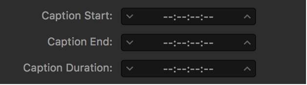 タイムコードの代わりにダッシュ記号が表示されたキャプションのタイミングフィールド