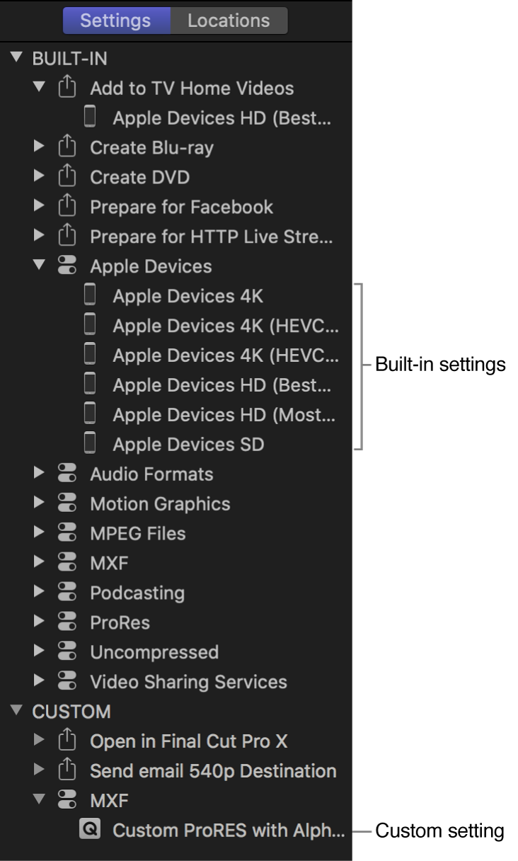 显示内建和自定设置集合的“设置”面板。