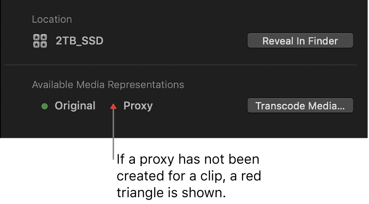 The Info inspector showing a red triangle indicating that no proxy file exists for the selected clip