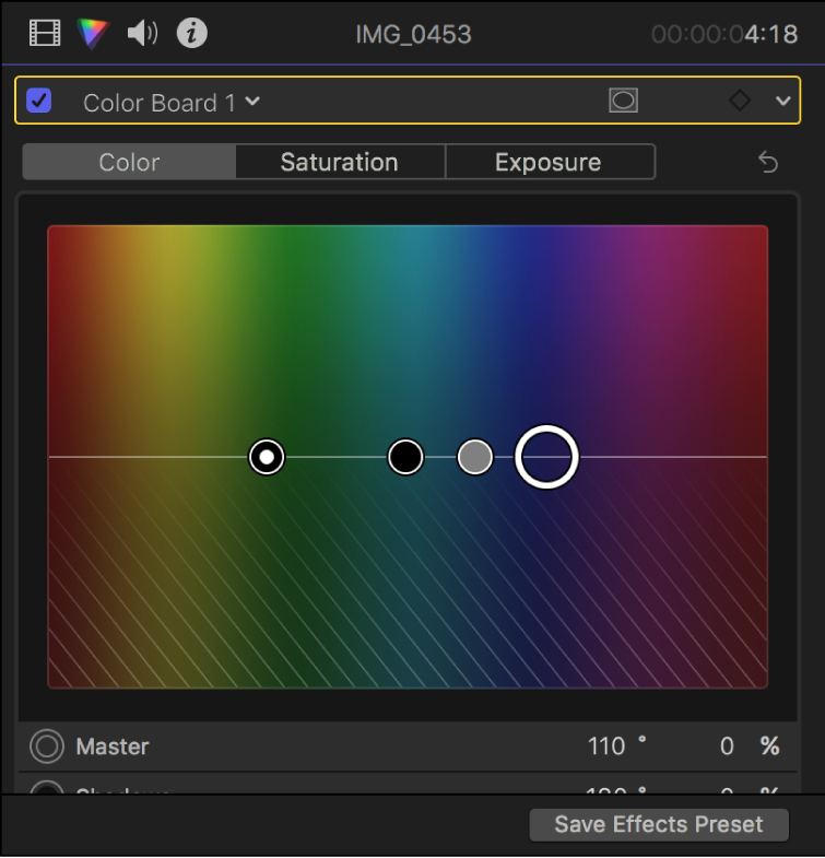 El inspector de color con controles en el panel Color del “Tablero de colores”