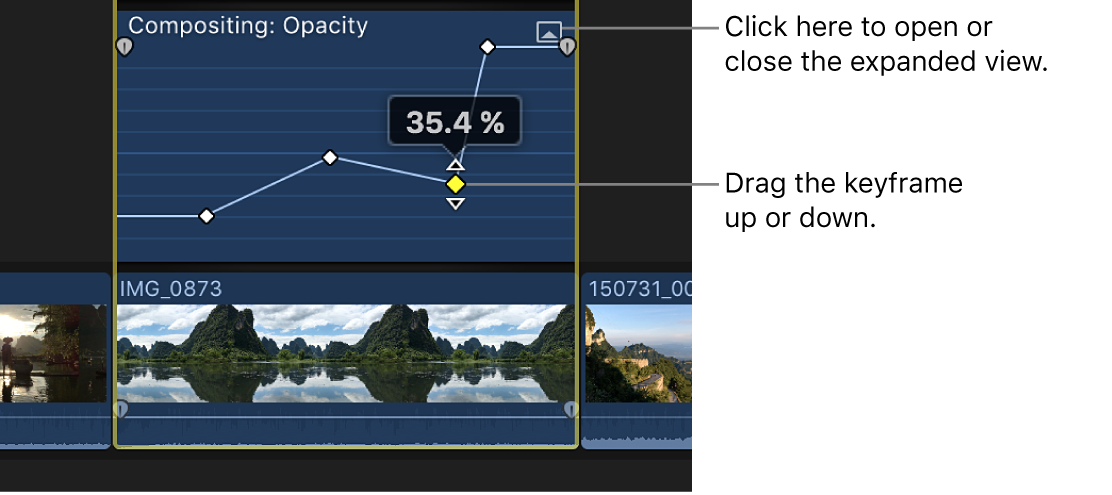 Glissement d’une image clé dans l’éditeur d’animation vidéo pour modifier la valeur du paramètre