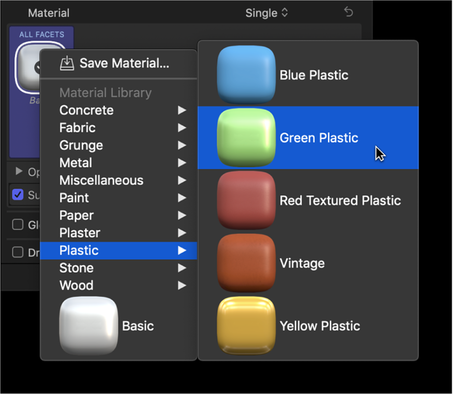 「テキスト」インスペクタの「3Dテキスト」セクション。素材プリセットのポップアップメニューと「プラスチック」サブメニューが表示され、「緑のプラスチック」が選択されている