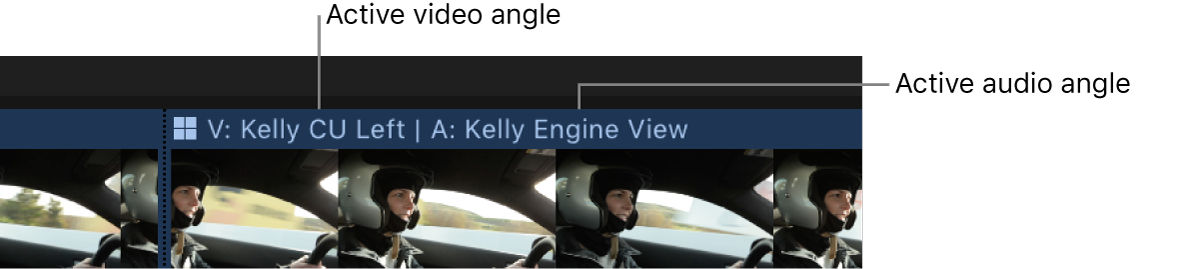タイムラインのマルチカムクリップにアクティブなビデオとオーディオのアングル名が表示されている