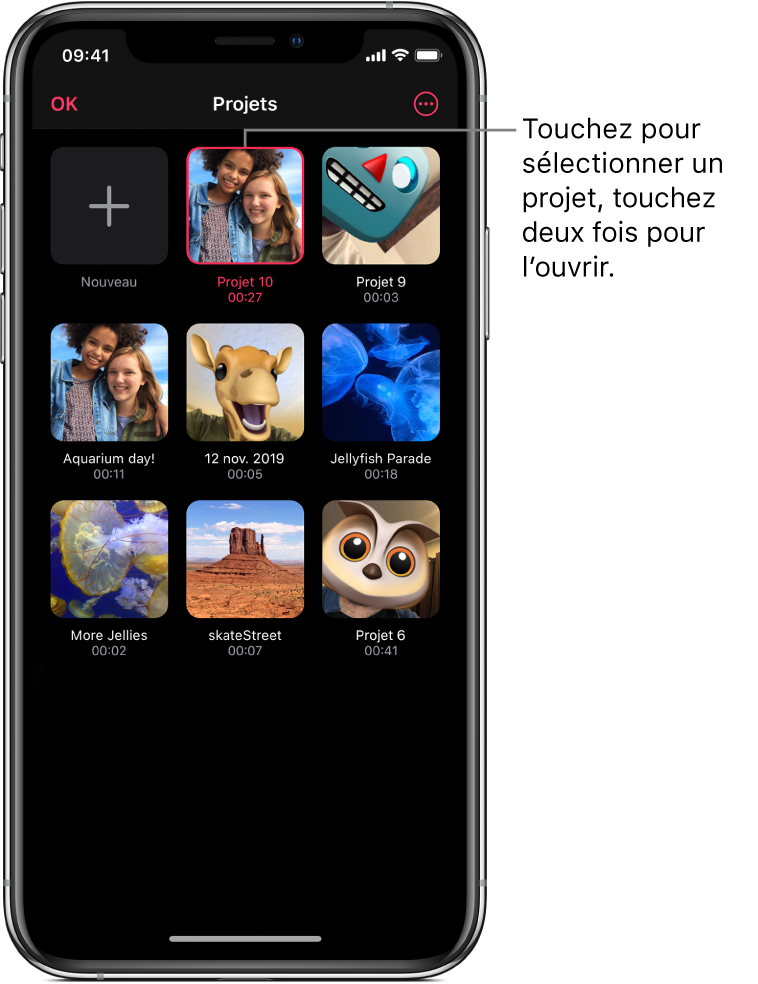 L’écran Projets affichant un bouton Nouveau et les vignettes de projets existants, ainsi qu’un bouton « Plus d’options » en haut à droite.