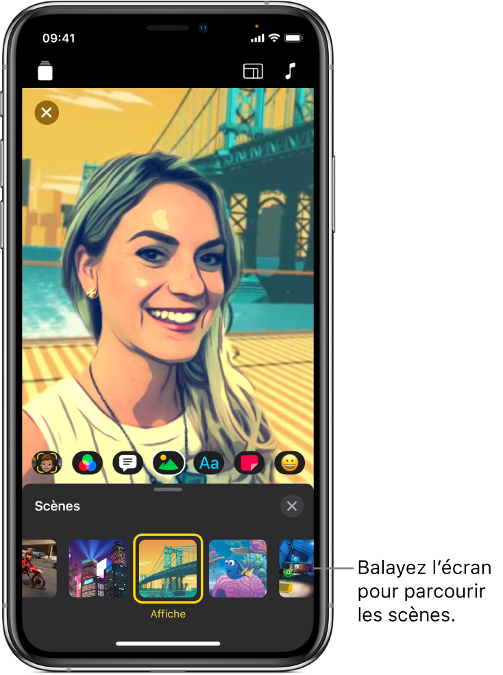 Une scène en selfie dans le visualiseur, avec les options de scène en bas.