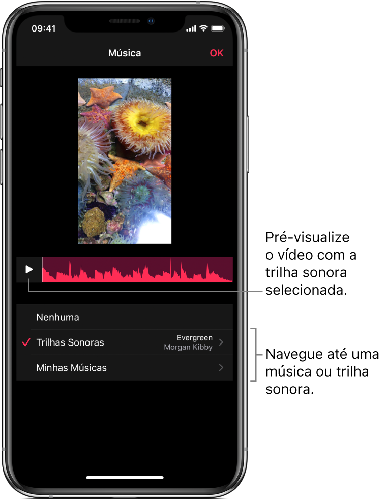 O botão Reproduzir e a forma de onda de um áudio abaixo de uma imagem no visualizador, com opções para explorar trilhas sonoras ou a sua biblioteca de músicas.