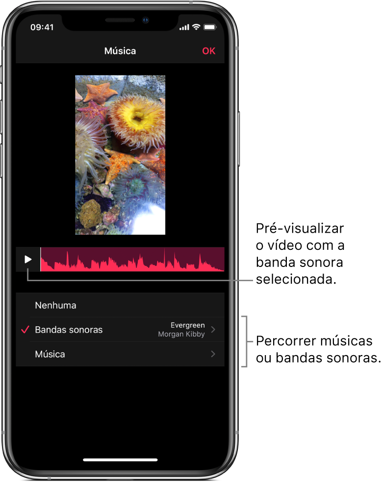 O botão Reproduzir e uma onda sonora por baixo de uma imagem no editor de vídeo, com opções para percorrer bandas sonoras ou a biblioteca de música.