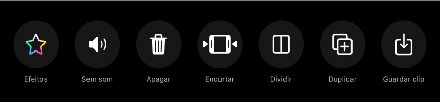 Os botões que aparecem por baixo do visualizador quando um clip está selecionado. Da esquerda para a direita, os botões Efeitos, Tirar o som, Apagar, Encurtar, Dividir, Duplicar e Guardar clip.