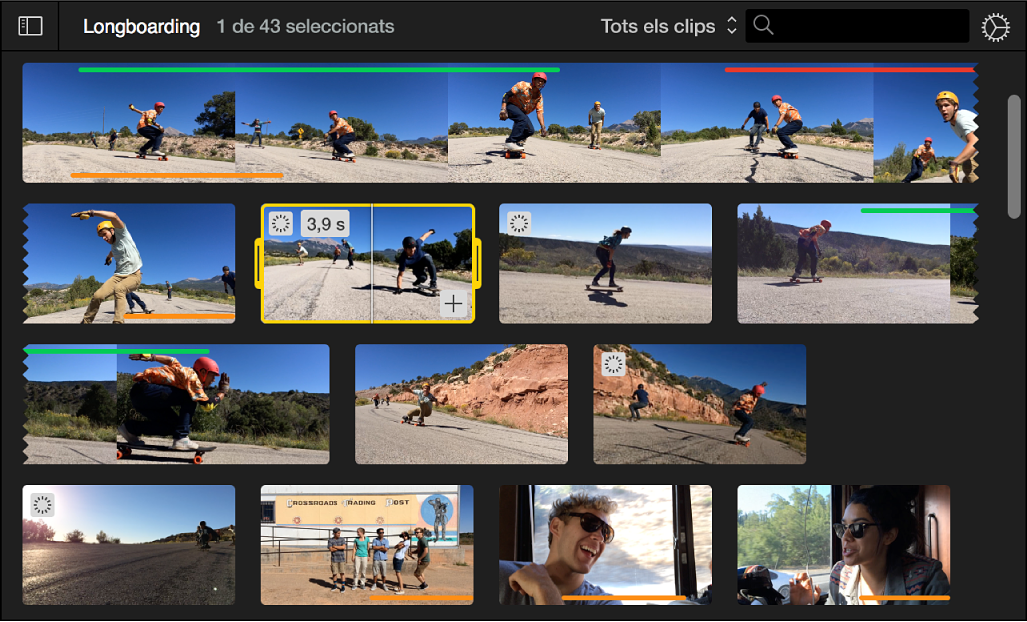 Explorador amb un clip seleccionat amb un contorn groc i la durada del clip a l’angle superior esquerre