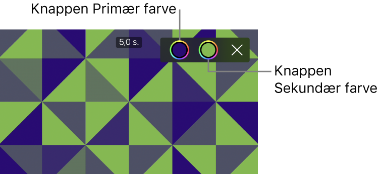 Fremviseren, der viser en baggrund med et grønt og blåt mønster og knapper til primære og sekundære farver øverst til højre.