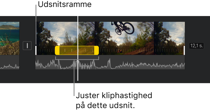 Et hastighedsudsnit med gule udsnitshåndtag i et videoklip på tidslinjen, med hvide linjer i klippet, der indikerer udsnitsrammer.
