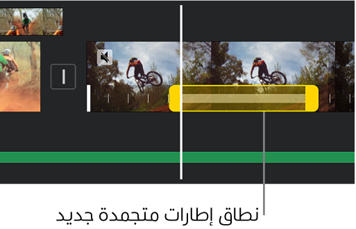 إطار تجميد بمقبضي نطاق أصفرين يظهر في أسفل مقطع فيديو في المخطط الزمني، مع بداية إطار التجميد عند موضع رأس التشغيل.