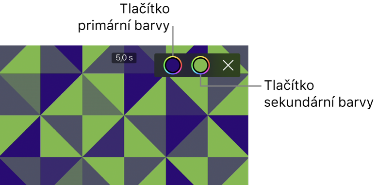 Prohlížeč se zelenomodrým vzorovaným pozadím a s tlačítky primární a sekundární barvy