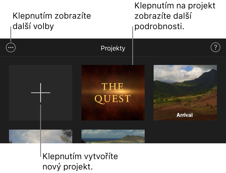 Projekty v prohlížeči projektů s tlačítky Vytvořit a Další volby vlevo nahoře.