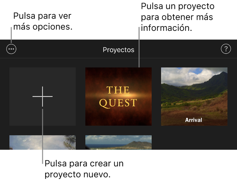 Proyectos en el explorador de proyectos, con los botones Crear y “Más opciones” en la parte superior izquierda.