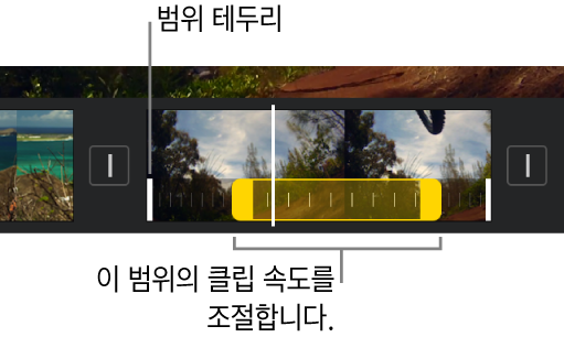 속도 범위에 타임라인의 비디오 클립에 있는 노란색 범위 핸들과 범위 테두리를 나타내는 흰색 선이 있는 클립이 있습니다.