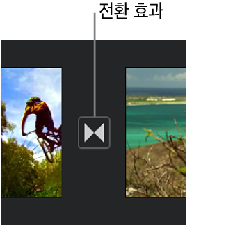 타임라인에서 두 클립 사이에 전환 효과를 나타내는 아이콘.