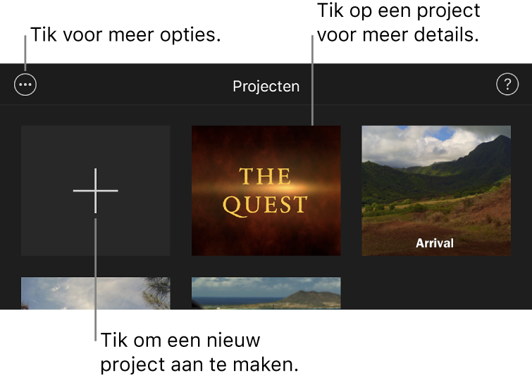 Projecten in de projectkiezer, met linksboven de knoppen 'Maak aan' en 'Meer opties'.
