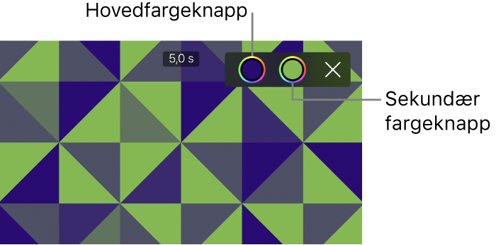 Visningsvinduet viser en grønn og blå mønstret bakgrunn med knapper for første og andre farge øverst til høyre.