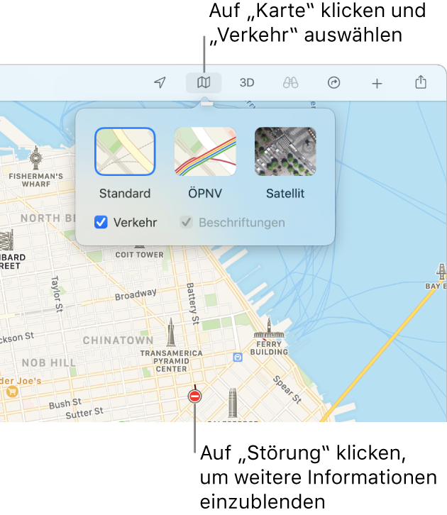 Karte von San Francisco mit angezeigten Kartenoptionen, dem ausgewählten Feld „Verkehr“ und den Verkehrsereignissen auf der Karte.